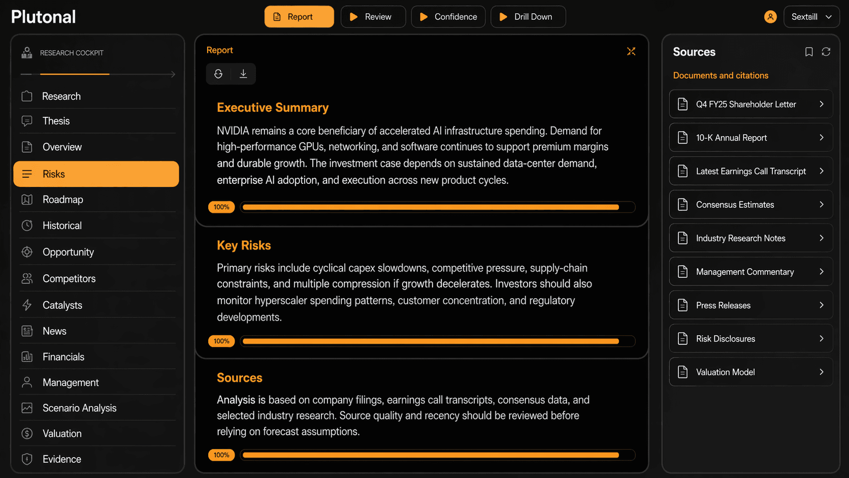 Plutonal research report interface with risk sections and source documents
